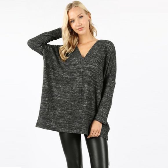 V-Neck Drop Shoulder Marbled Sweater - Picture 2 of 6